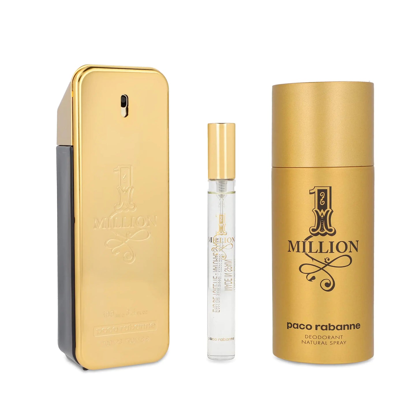 Paco Rabanne One Million 3-Piece Gift Set for Men (3.4 Oz Eau De Toilette Spray + 5.1 Oz Deodorant Spray + 0.33 Oz Travel Spray)