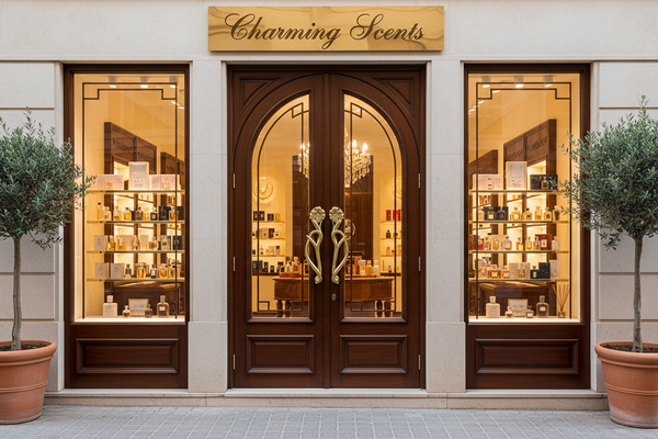 Apair of doors leading to my fragrance store Welcoming customers to Charming scents