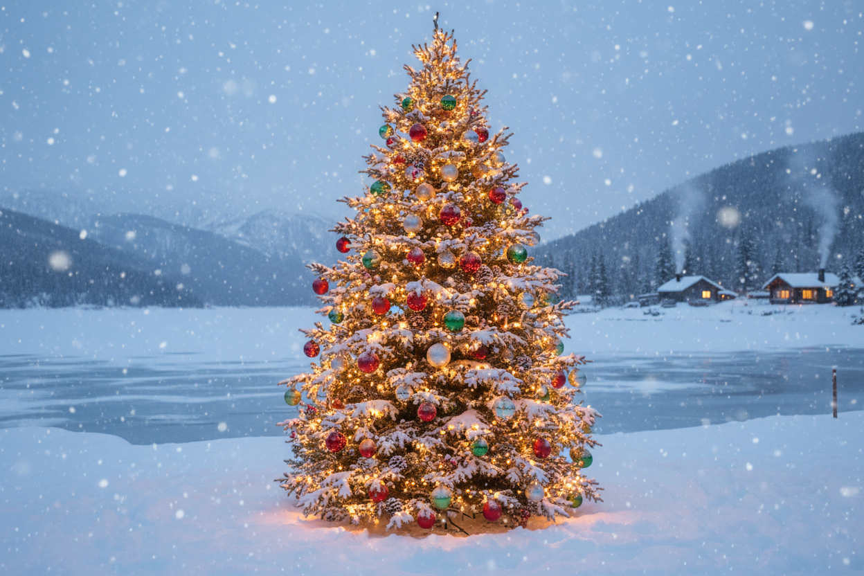 Cristmas tree with lights and a winter scene,Experience the essence of winter